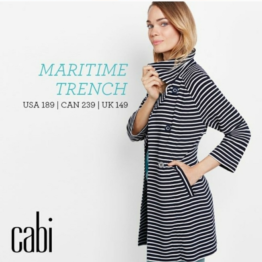 Cabi Maritime Trench Coat in Navy and White Stripes